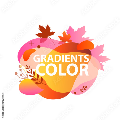 Abstract graphic elements. Yellow, orange, red, pink colors, maple leaves and sprigs. Fluid forms, transparent layers, flowing shapes. Vector template for logo, presentation, flyer design