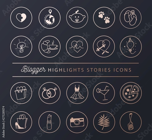 Social networks icons set for stories highlights in chic style. Blogger lifestyle icon collection. Vector illustration