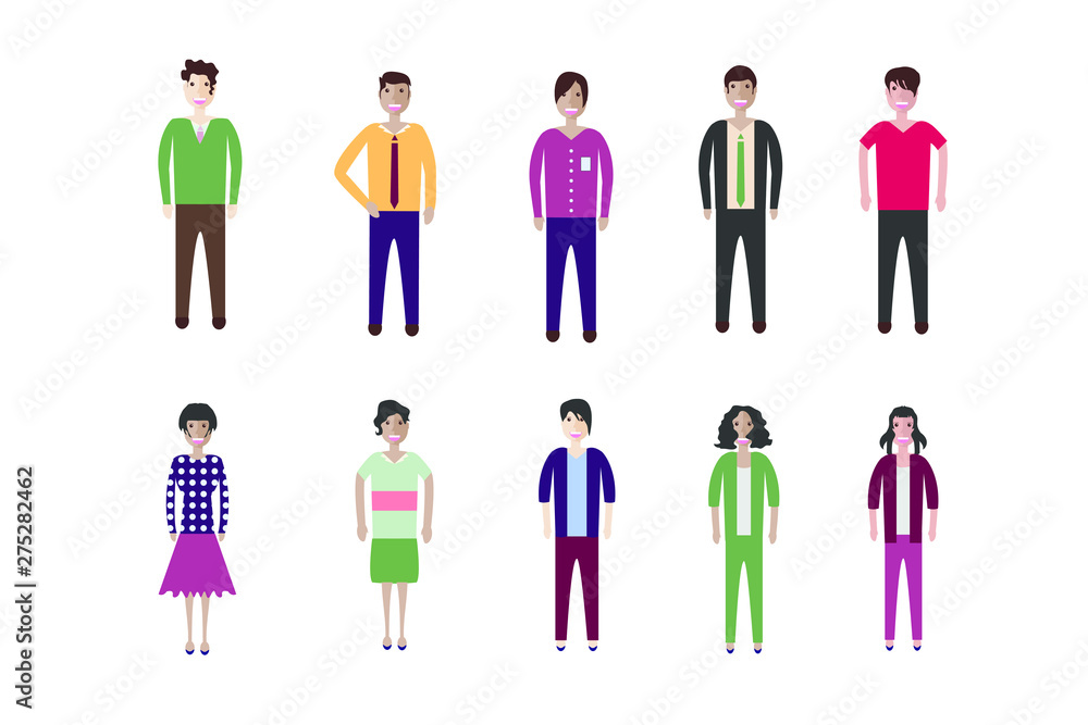Young people, teenagers and students. Fashion man and woman in modern clothes. Different characters stay on white background.
