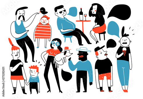 Various doodle people doing stuff. Different cute funny characters in conversation. Kids, adults. Hand drawn vector set. Colored trendy illustration. Flat design. Cartoon style. Everything is isolated