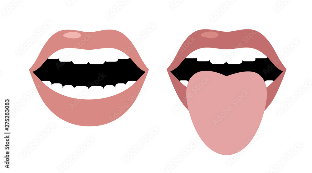 Open mouth and tongue sticking out. Vector image. Flat design