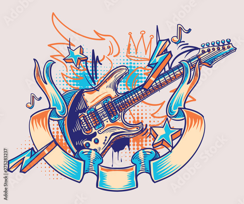 Canvas Print Rock and roll funky guitar and ribbon graffiti