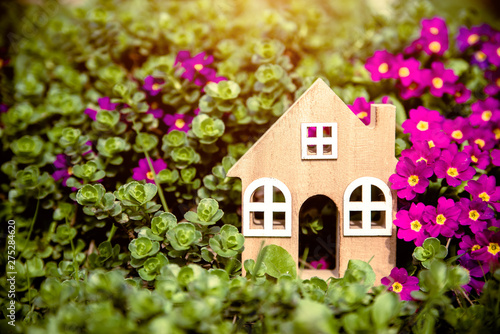 The symbol of the house stands among the purple flowers 