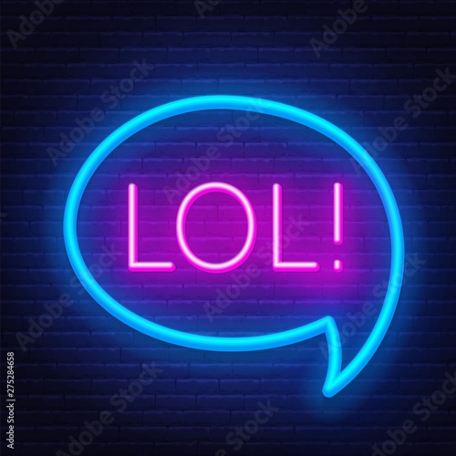Neon sign lol in frame on dark background.