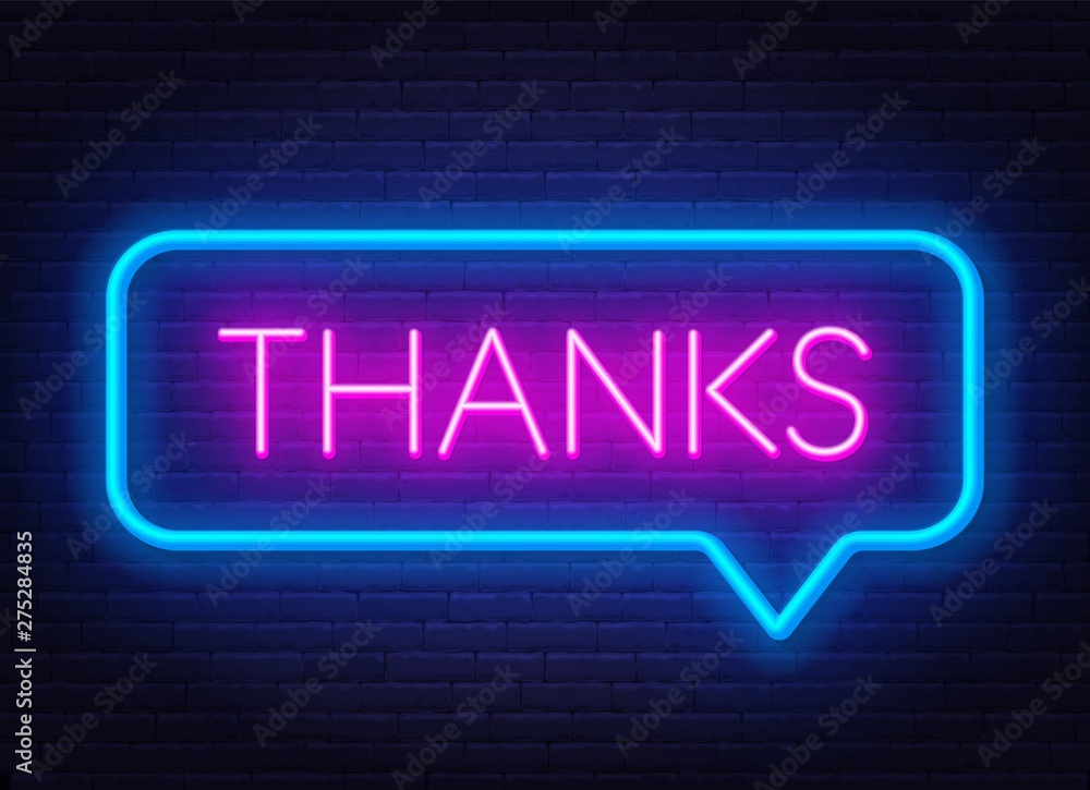 Neon sign thanks in frame on dark background. Neon sign thanks in frame on dark background.