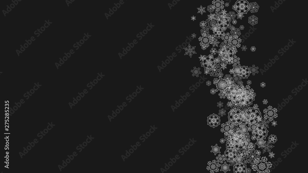 Silver snowflakes frame on black background. Horizontal shiny Christmas and New Year frame for gift certificate, ads, banners, flyers. Falling snow with glitter silver snowflakes for party invite Silver snowflakes frame on black background. Horizontal shiny Christmas and New Year frame for gift certificate, ads, banners, flyers. Falling snow with glitter silver snowflakes for party invite