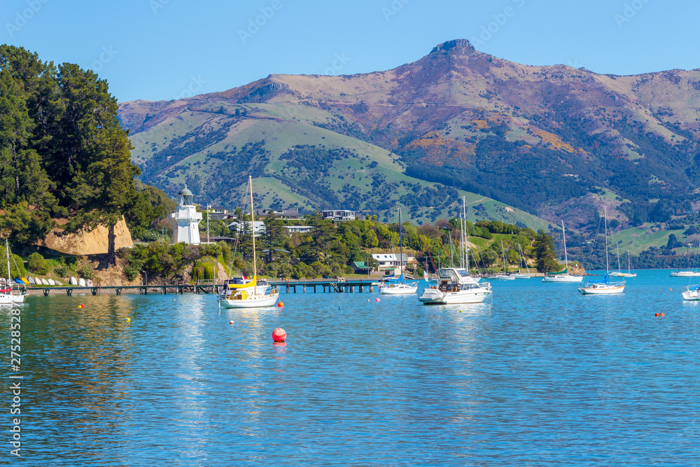 Panoramic photo of the harbour side in the French settlement town of Akaroa in the South Island of New Zealand.