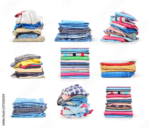 Stacks of folded clothes set isolated on a white background