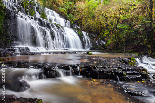 Purakaunui falls waterfall located in a serene forest. The Purakaunui Falls are a cascading three-tiered waterfall on the Purakaunui River  in The Catlins region of the South Island  New Zealand.