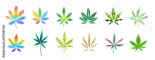 set di foglie di marijuana cannabis colorate, droga leggera sfondo bianco acquerello  photo