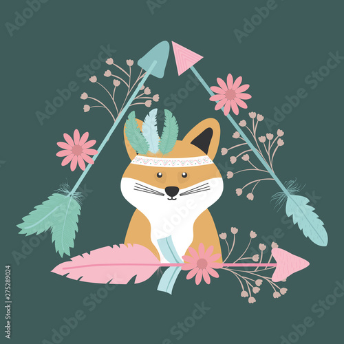 cute fox with feathers hat bohemian style character