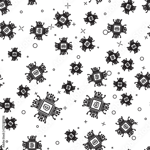 Black CPU mining farm icon isolated seamless pattern on white background. Bitcoin sign inside processor. Cryptocurrency mining community. Digital money. Vector Illustration