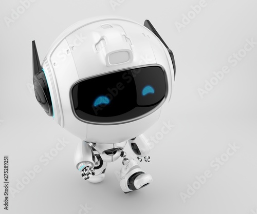 Black and white robot pr manager, unusual robotic character with funny prick-ears, 3d rendering