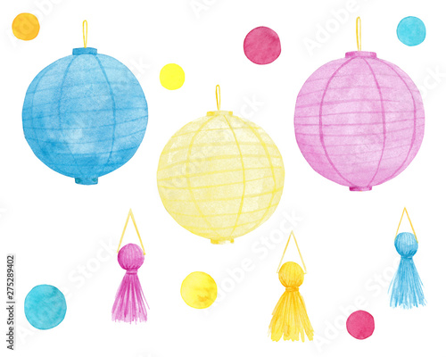 Watercolor hand drawn party elements set isolated on white background. Colorful paper chinese lanterns and tassels.