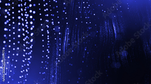 Glow particles are in air as science fiction of microcosm or macro world or sci-fi. 3d rendering of abstract blue composition with depth of field and glowing particles in dark with bokeh effects. 6