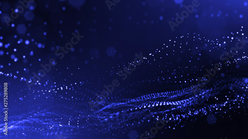 Glow particles are in air as science fiction of microcosm or macro world or sci-fi. 3d rendering of abstract blue composition with depth of field and glowing particles in dark with bokeh effects. 20