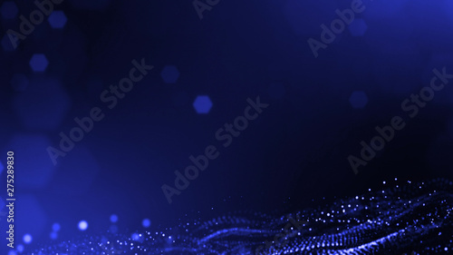 Glow particles are in air as science fiction of microcosm or macro world or sci-fi. 3d rendering of abstract blue composition with depth of field and glowing particles in dark with bokeh effects. 21