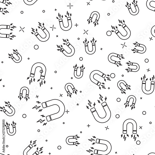 Black Magnet with lightning icon isolated seamless pattern on white background. Horseshoe magnet, magnetism, magnetize, attraction sign. Vector Illustration
