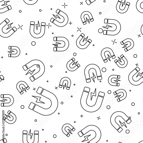Black Magnet with lightning icon isolated seamless pattern on white background. Horseshoe magnet, magnetism, magnetize, attraction sign. Vector Illustration