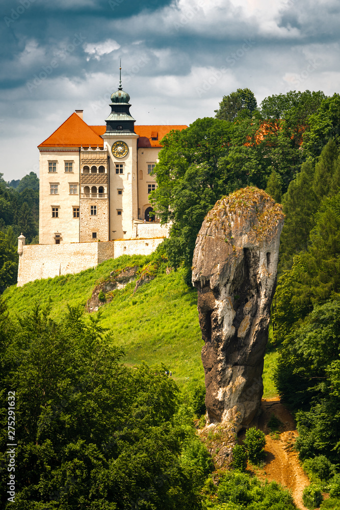 Castle on the hill in Ojcow National Park Poland - Pieskowa Skala, Hercules's mace rock - obrazy, fototapety, plakaty 