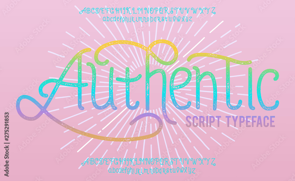 Authentic. Lettering print on sticker or clothes. Script font ...