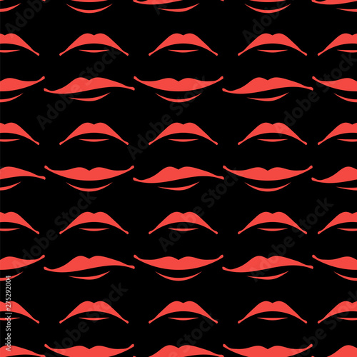 Cartoon Smile Lips Seamless Pattern Isolated on Black Background. Set of Red Female Mouth. Lips Collection. Different Facial Expression. Human Sense for Taste. Dental Care