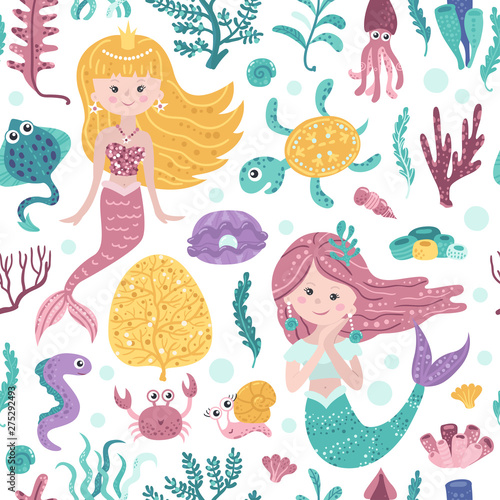 Seamless pattern with cute mermaids, seaweed and fishes