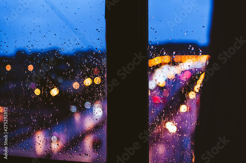 View from the window to the rainy city.Background, screen saver, wallpaper