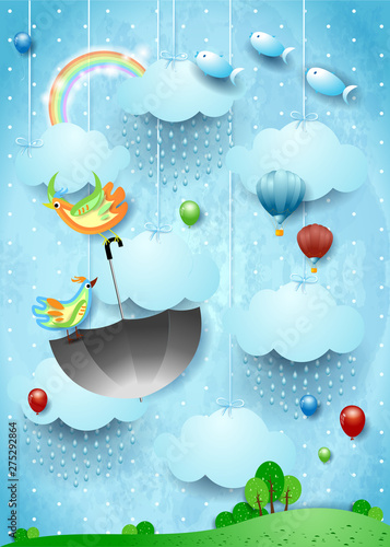 Surreal landscape with rain, flying umbrella and fishes