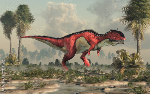 Fototapeta Naklejka Na Ścianę i Meble -  A red and white Rajasaurus with black stripes in a prehistoric swamp. Rajasaurus was an abelisaurid theropod dinosaur of the Late Cretaceous in India. 3D Rendering
