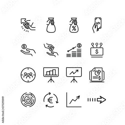 Credit rate icons. Set of line icons. Financial report, focus group, hand holding coin. Finance concept. Vector illustration can be used for topics like finance, business, banking