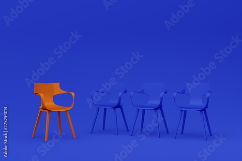 Row of chairs concept. Business leadership. recruitment concept. Minimal style concept. 3D rendering