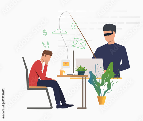 Cyber attacker hacking into email server. Scammer holding fishing tackle with hooked message of office worker. Cybercrime concept. Vector illustration can be used for scam attack, information security