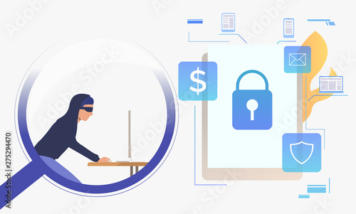 Cyber burglar working on computer. Tablet with lock on screen, fire, money, email, shield signs. Hacker attack concept. Vector illustration can be used for cybercrime and security
