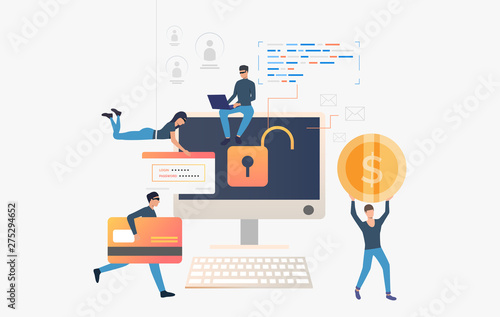 Cyber thieves robbing computer bank data. Cartoon hackers carrying credit card, password and money. Hacker attack concept. Vector illustration can be used for cybercrime, breach, hacker identity