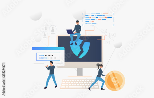 Cybercrime team hacking into computer. Cartoon hackers carrying password and money. Hacker attack concept. Vector illustration can be used for fraud, money risk, bank data safety