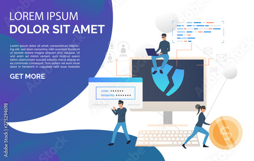 Cybercrime team landing page template. Criminals hacking into computer, carrying password and money. Hacker attack concept. Vector illustration can be used for banner, poster, presentation