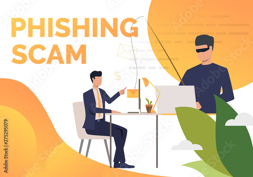 Phishing scam poster template. Scammer hacking into corporate email server. Hacker attack concept. Vector illustration can be used for banners, presentations, landing pages