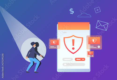 Scammer looking at tablet screen with warning sign. Hacker attack failure. Information security concept. Vector illustration can be used for antivirus, data protection, threat