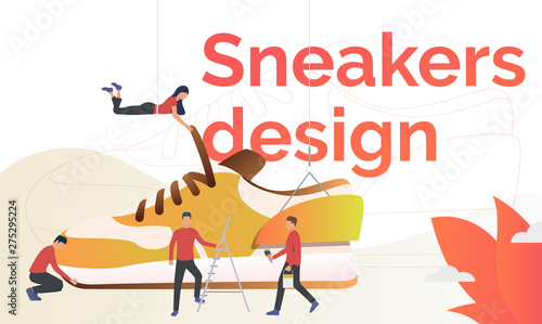 Sneakers design flyer template. Sport shoes designers working on new sneakers. Fashion concept. Vector illustration can be used for footwear production, manufacture, factory