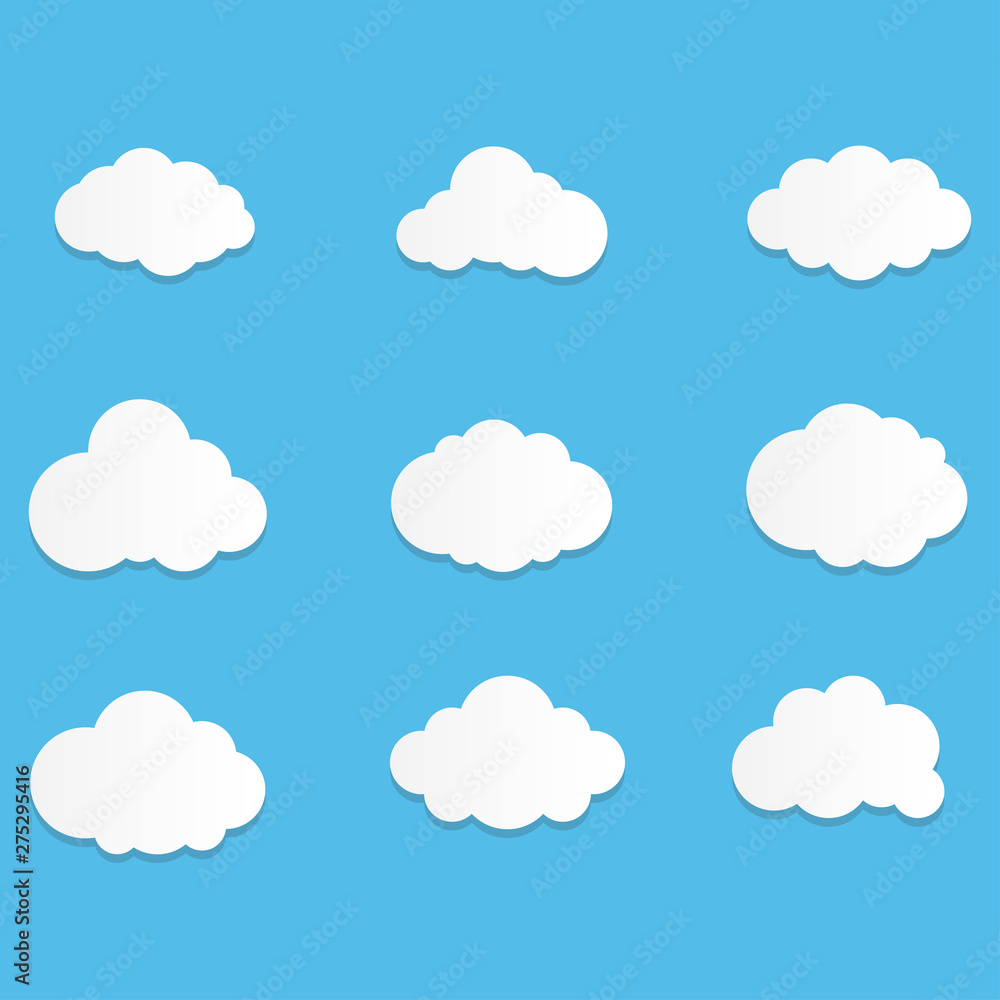 Set of Cloud Icons with flat style in blue sky background. Copy space. Speech Bubble, White blank hanging.. Set of Cloud Icons with flat style in blue sky background. Copy space. Speech Bubble, White blank hanging..