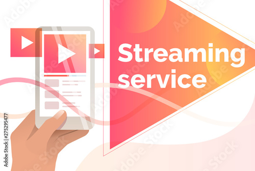 Streaming service slide template. Hand holding digital device with online player interface. Watching video concept. Vector illustration can be used for topics like vlog and livestream