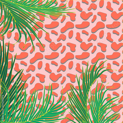 Vector background with decorative topical palm leaves on decorative background of leopard print. Bright and pastel trendy colors. For decoration of background invitations, posters, cards, souvenirs.