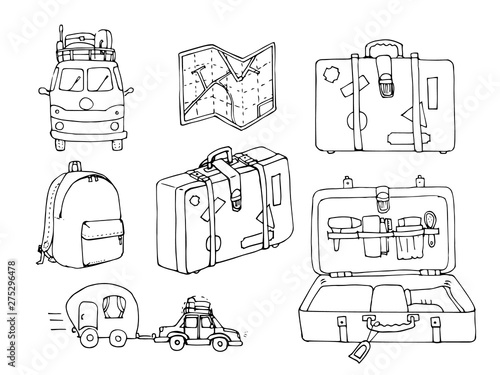 Set of cute hand drawn travel doodle. Vacation concept. Tourism and trip sketch cartoon elements. Map, suitcase, bagpack, luggage , trailer. Vector illustration. Traveling