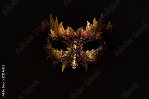 Fotografie, Obraz Cosplay, Venetian mask in gold and red with metallic pieces in the form of leaves