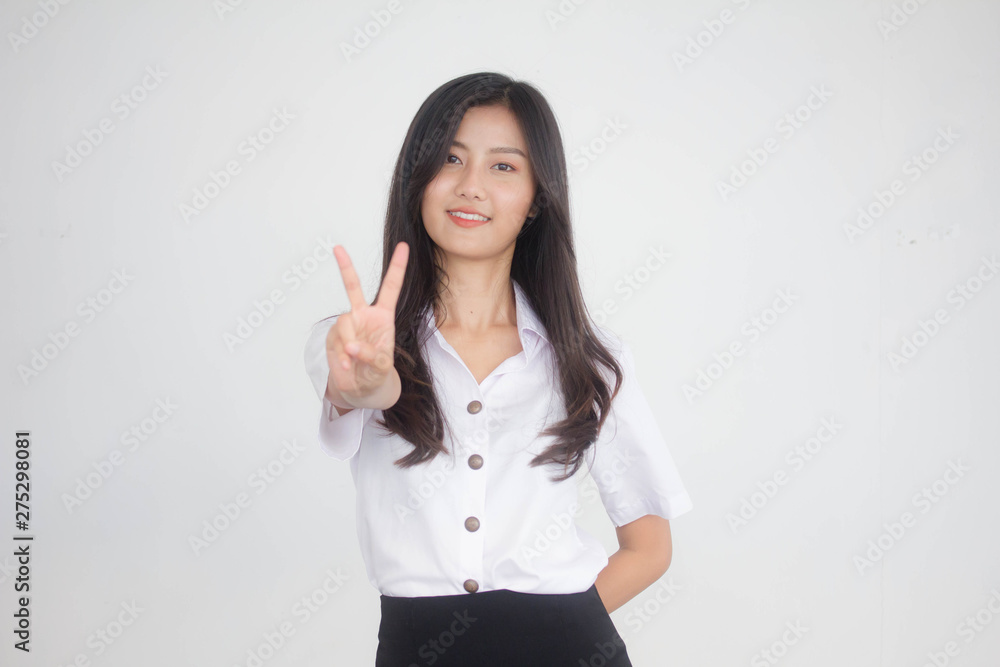 Portrait of thai adult student university uniform beautiful girl victory Portrait of thai adult student university uniform beautiful girl victory