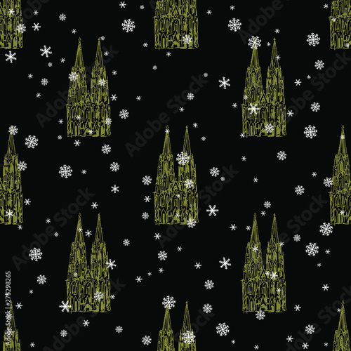 Seamless geometrical pattern with silhouettes of Cologne Cathedral (Kölner Dom) and snowflakes.