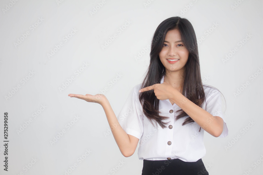Portrait of thai adult student university uniform beautiful girl show hand Portrait of thai adult student university uniform beautiful girl show hand
