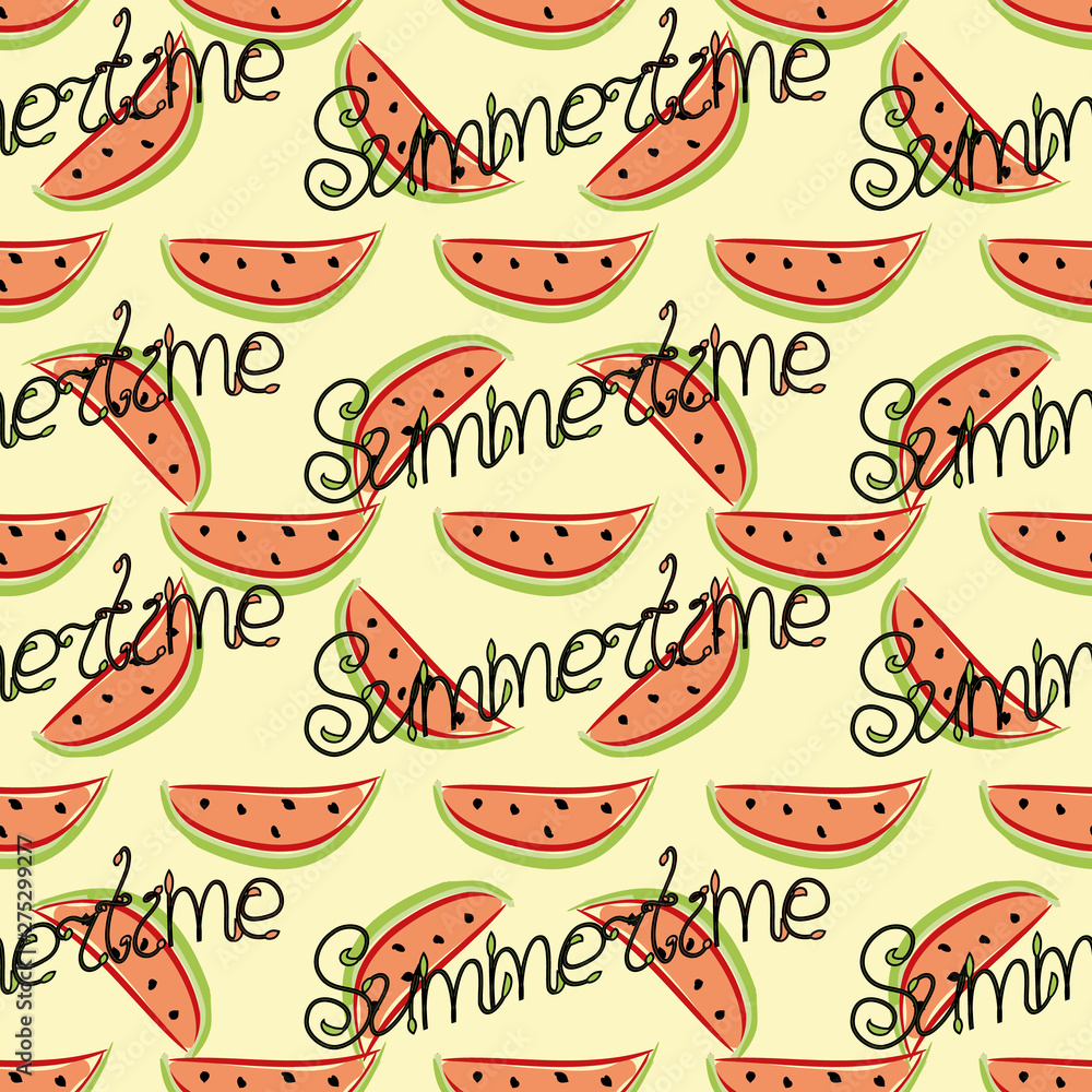 Summer seamless pattern with slices of watermelon and inscription Summertime on bright background. Textile print, wallpaper or backdrop with repeating elements in yellow, red, green, black colors. Summer seamless pattern with slices of watermelon and inscription Summertime on bright background. Textile print, wallpaper or backdrop with repeating elements in yellow, red, green, black colors.