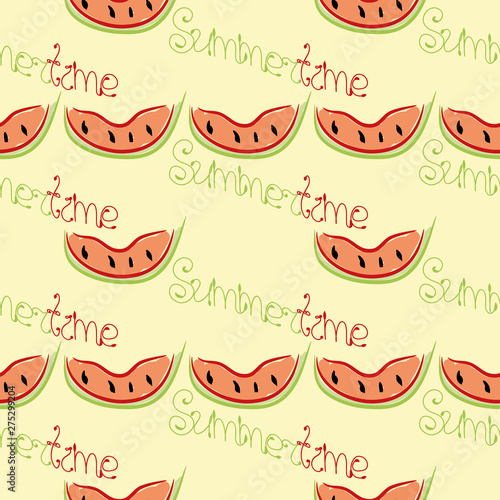Summer seamless pattern with slices of watermelon and inscription Summertime on bright background. Textile print, wallpaper or backdrop with repeating elements in yellow, red, green, black colors.